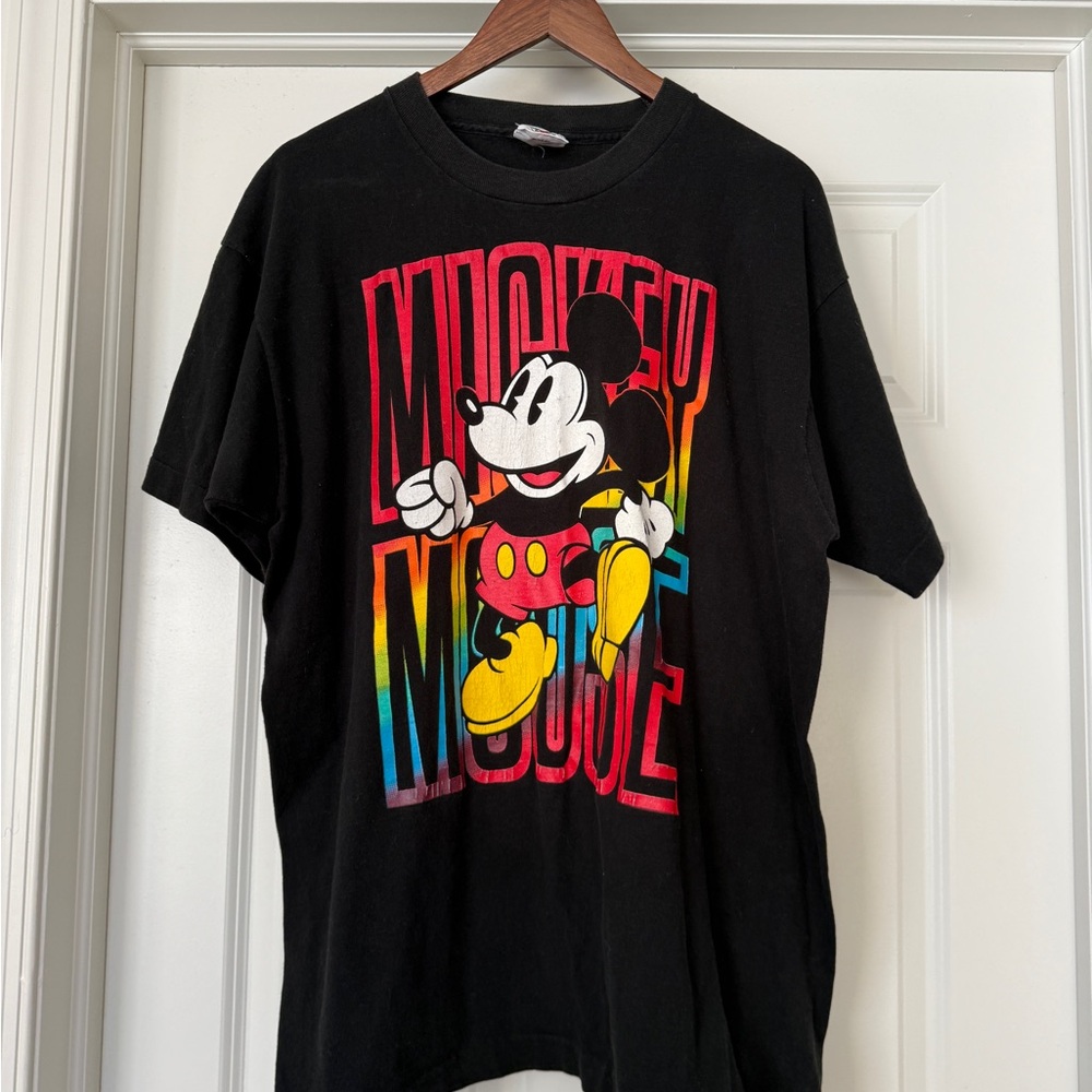 Vintage 90s Disney Black Tee with Colorful Mickey Mouse single stitch L/XL